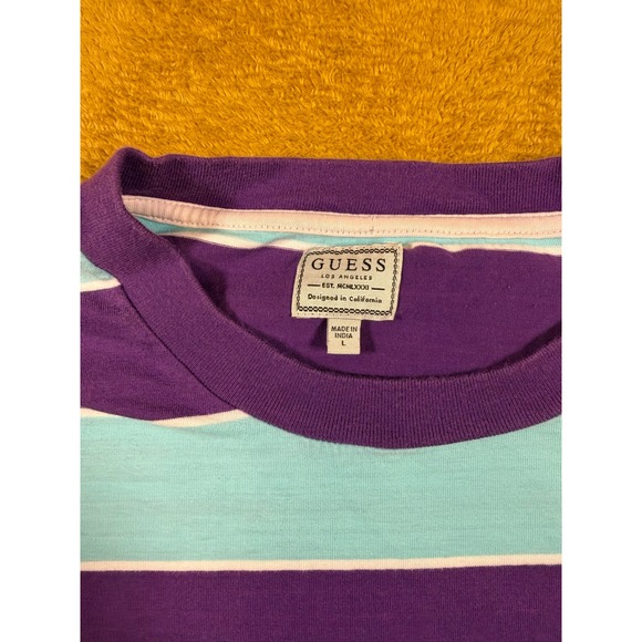 GUESS‎ Los Angeles Mens Striped T Shirt Purple Aqua White Size L - Picture 9 of 12